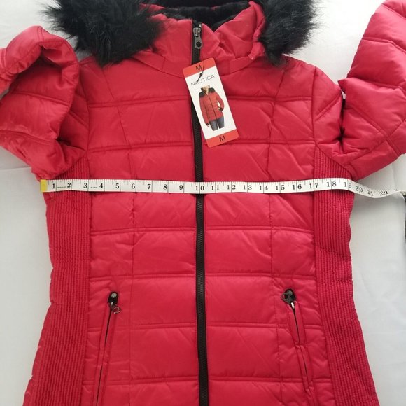 NAUTICA PUFFER COAT WOMENS MEDIUM RED BLACK FAUX FUR TRIM WATER RESISTANT NWT - Picture 11 of 12